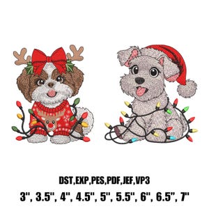 May include: Two embroidered dog designs. One dog wears a red sweater with a reindeer, antlers, and a red bow. The other dog wears a Santa hat. Both are wrapped in Christmas lights. The image includes the text: DST, EXP, PES, PDF, JEF, VP3 and sizes from 3" to 7".