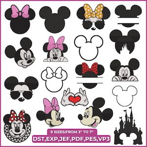 May include: A collection of Mickey Mouse and Minnie Mouse designs in various styles, including outlines, faces, and silhouettes. Some designs feature sunglasses, bows, and a castle. The designs are available in 9 sizes, from 3 to 7 inches.