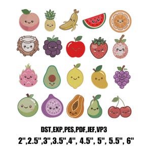 Op de afbeelding: Een collectie van twintig geborduurde fruitontwerpen met lachende gezichten, waaronder perzik, ananas, banaan, watermeloen, sinaasappel, kokosnoot, braam, appel, aardbei, lychee, dragonfruit, avocado, citroen, mango, druiven, guave, vijg, papaja, peer en kersen. Tekst: DST, EXP, PES, PDF, JEF, VP3 en 2", 2.5", 3", 3.5", 4", 4.5", 5", 5.5", 6".