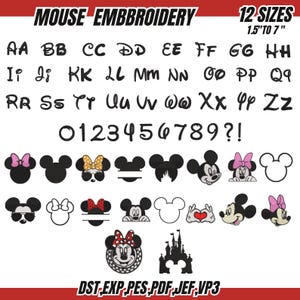 Könnte beinhalten: Ein digitales Stickdesign-Set mit Alphabet, Zahlen und verschiedenen Designs zum Thema Mickey Mouse. Das Set enthält Buchstaben, Zahlen sowie Mickey Mouse- und Minnie Mouse-Charakterdesigns. Die Designs sind in 12 Größen von 3,8 cm bis 17,8 cm erhältlich.
