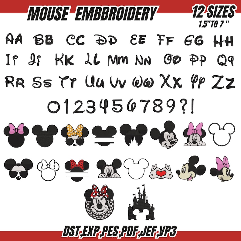 May include: A digital embroidery design set featuring the alphabet, numbers, and various Mickey Mouse-themed designs. The set includes letters, numbers, and Mickey Mouse and Minnie Mouse character designs. The designs are available in 12 sizes, ranging from 1.5" to 7".