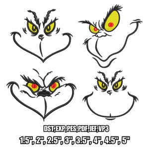 May include: Four embroidered Grinch face designs with black outlines, yellow eyes, and red pupils. The designs vary in expression. Text at the bottom reads "DST, EXP, PES, PDF, JEF, VP3" and size options from 1.5" to 5".