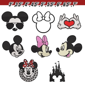 May include: A collection of embroidered patches featuring various Mickey Mouse and Minnie Mouse designs. Includes Mickey with sunglasses, Minnie with a bow, Mickey and Minnie faces, and a castle silhouette. Sizes range from 3" to 7".