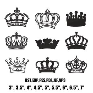 May include: Nine black crown designs in various styles, including ornate and simple, are displayed on a white background. The image includes text indicating file formats and sizes ranging from 3 to 7 inches.