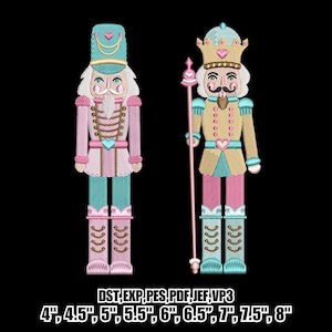 May include: Two embroidered nutcracker figures in pink, teal, and gold. One wears a hat, the other a crown, both with white beards and mustaches. The text at the bottom reads "DST, EXP, PES, PDF, JEF, VP3" and lists sizes from 4" to 8".