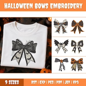 May include: A white t-shirt featuring a black embroidered bow with spiderweb and bat patterns. To the right, a grid displays six additional bow embroidery designs with Halloween motifs including pumpkins, ghosts, bats, and skulls in black and orange.