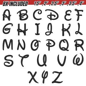 May include: Black embroidered alphabet letters A through Z, in a whimsical font. The letters are available in various sizes, ranging from 1.5 inches to 4 inches. The text "BX INCLUDED" is at the top.