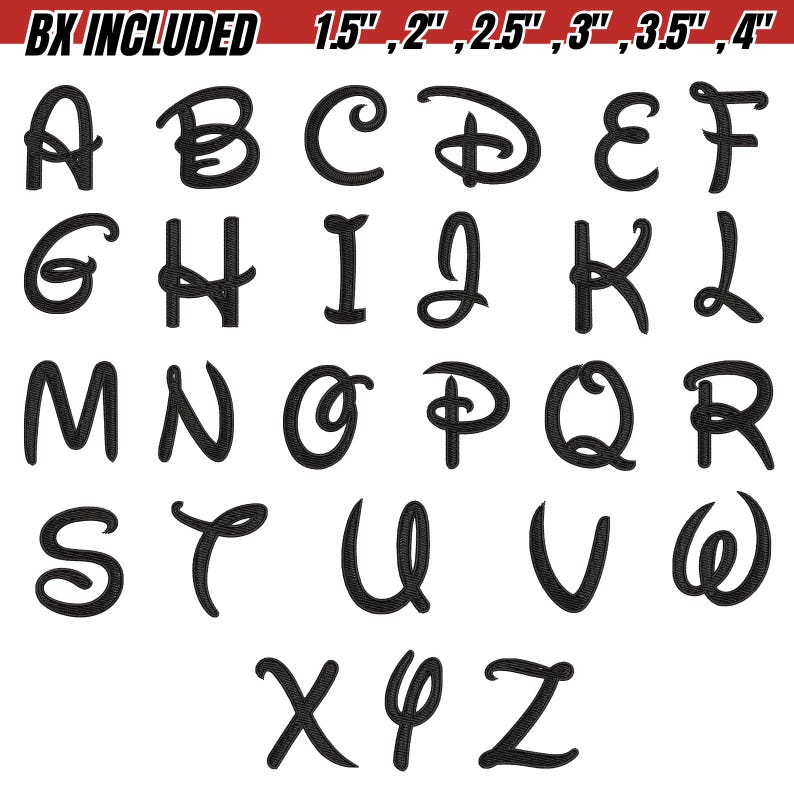 May include: Black embroidered alphabet letters A through Z, in a whimsical font. The letters are available in various sizes, ranging from 1.5 inches to 4 inches. The text "BX INCLUDED" is at the top.