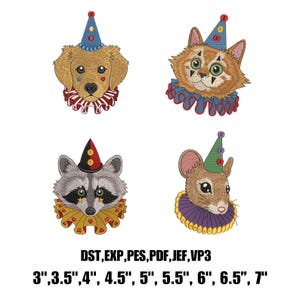 Puede incluir: Cuatro diseños de bordado a máquina con un golden retriever, un gato, un mapache y un ratón, cada uno con un sombrero de payaso y un cuello con volantes. Texto: DST, EXP, PES, PDF, JEF, VP3 y 3", 3.5", 4", 4.5", 5", 5.5", 6", 6.5", 7".