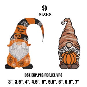 May include: Two Halloween gnome embroidery designs. One gnome has a jack-o'-lantern face and spiderwebs. The other gnome holds a pumpkin. Text reads "9 SIZES" and "3", 3.5", 4", 4.5", 5", 5.5", 6", 6.5", 7""