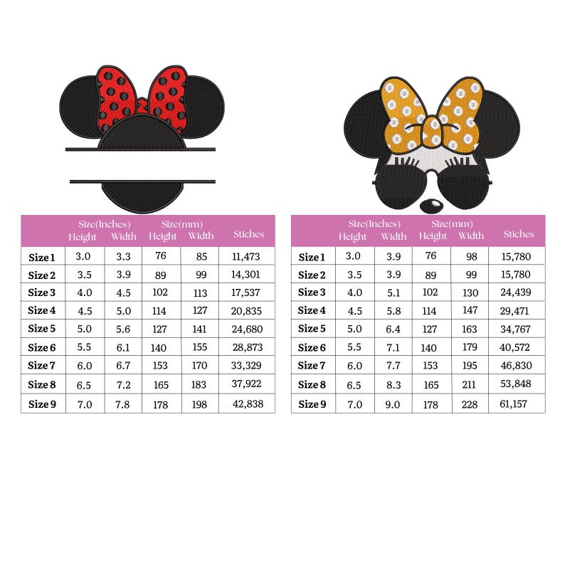 May include: Two embroidery designs featuring cartoon mouse ears with bows. One bow is red with white polka dots, the other is yellow with white polka dots. Each design has a blank space for personalization. Size charts are included.