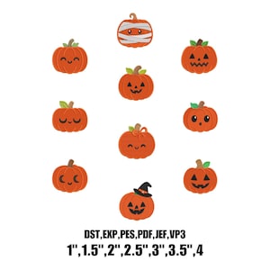 May include: A collection of ten orange pumpkin embroidery designs featuring various facial expressions, including a mummy, a witch hat, and bows. The text below reads DST, EXP, PES, PDF, JEF, VP3 and lists sizes from 1 inch to 4 inches in increments.