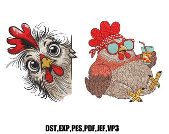Funny Chicken Embroidery Design | Farmhouse Hen Machine Embroidery (Instant Download, 9 Sizes)