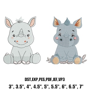May include: Two embroidered rhino designs in light blue, featuring detailed stitching and a cartoonish style. The rhinos are sitting, with sizes ranging from 3 to 7 inches. The image includes file format information.