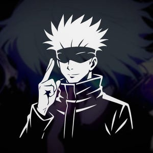 May include: A white and black graphic of a character with spiky hair and a blindfold, pointing a finger upwards. The character is wearing a black jacket and has a confident expression. The background is a dark gradient.