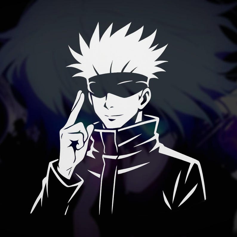 May include: A white and black graphic of a character with spiky hair and a blindfold, pointing a finger upwards. The character is wearing a black jacket and has a confident expression. The background is a dark gradient.