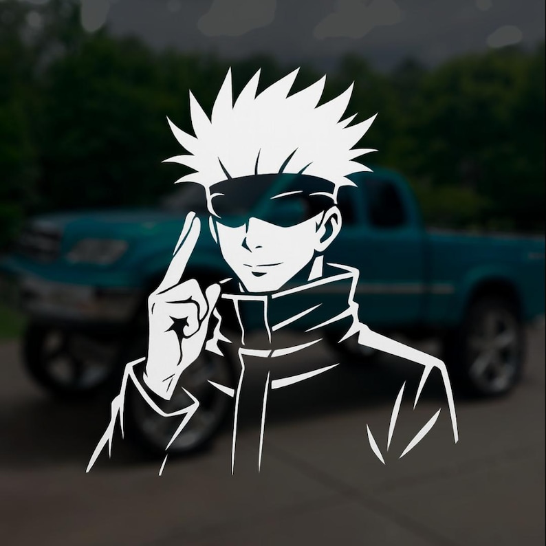 May include: White vinyl decal of an anime character with spiky hair, wearing a black blindfold and jacket, pointing upwards. The background shows a teal pickup truck and trees.