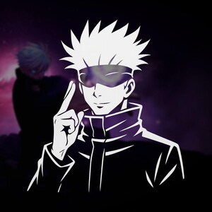 May include: A white and black anime-style illustration of a character with spiky hair, a blindfold, and a raised index finger. The character is wearing a black jacket. A blurred figure is in the background against a purple and black gradient.