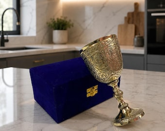 Engraved Brass Wine Goblet, Royal Medieval Chalice, Home Bar Decor (Velvet Box)