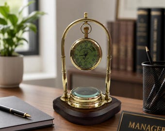 Personalized Vintage Brass Desk Clock, Custom Engraved Timepiece, Nautical Decor Gift, Wooden Base Keepsake
