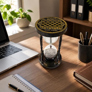 May include: A black and gold sand timer with a chess board design on top. The hourglass is made of glass and dark wood, with the words "SAND TIMER" printed on the base. The timer is on a wooden desk.
