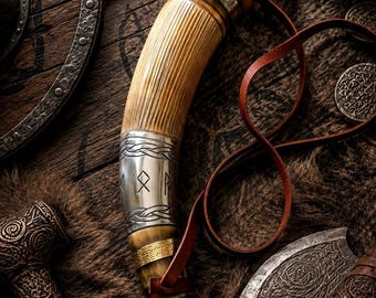 Viking Horn Bugle with Leather Strap, Norse Signal Instrument, Medieval Decor, Rustic Warrior Gift