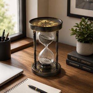 May include: An antique-style hourglass with a compass design on top. The hourglass features a clear glass bulb filled with gray sand, supported by a bronze-colored metal frame. The hourglass is a decorative item, suitable for a desk or shelf.