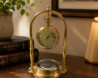 Vintage Brass Clock Compass, Victorian Nautical Table Decor, Solid Brass Maritime Accent