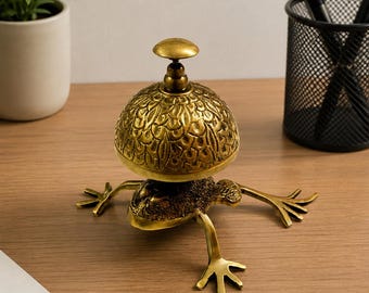 Brass Frog Table Bell Decorative Desk Chime Reception Counter Ringer Office Call Service Accent Gift