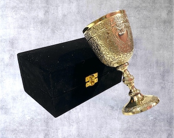 Personalized Brass Goblet Engraved Design | Vintage Chalice Wine Cup with Storage Box