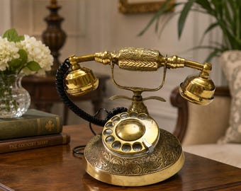 Vintage Rotary Telephone Antique Brass Desk Phone Victorian Style Retro Home Office Decor Collectible