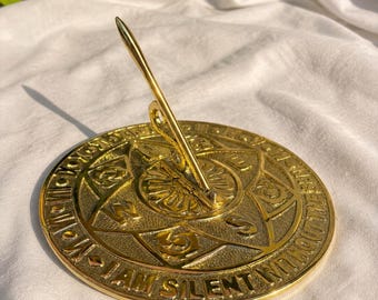 Brass Garden Sundial with "I Am Silent Without Sun" Quote Outdoor Lawn Decor Celestial Timepiece Gift