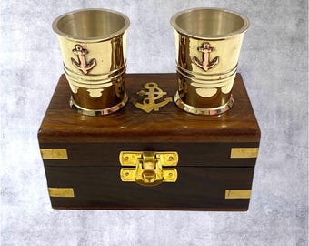 Brass Anchor Shot Glass Set – Nautical Barware with Wooden Box