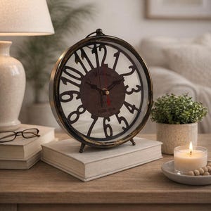 Op de afbeelding: Een ronde klok in vintage-stijl met een bronskleurig frame en een heldere wijzerplaat. De klok heeft grote, open cijfers en wijzers, rustend op een neutraal gekleurd boek. De wijzerplaat heeft de tekst "William" en "ESTD. 1720".