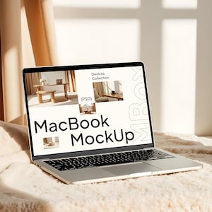 MacBook Mockup in Sunlit Interior – Cozy Workspace PSD for Branding & Web Presentation