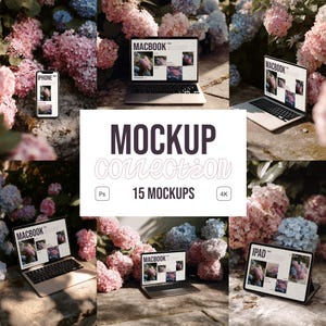 Ensemble de maquettes d'appareils hortensias - Collection PSD florale douce pour iPhone, iPad, MacBook
