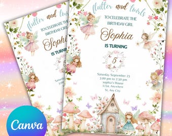 May include: Two invitations with a fairy theme. The invitations feature the text "flutter and twirls" and "Sophia is turning 5". The design includes illustrations of fairies, mushrooms, flowers, and butterflies. The Canva logo is visible.