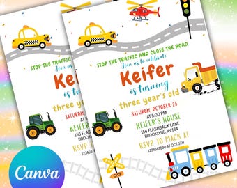 Transportation Birthday Invitation,  Truck Birthday Invitation, Transportation Themed Birthday, Honk Beep Zoom Choo Vehicles Theme Birthday