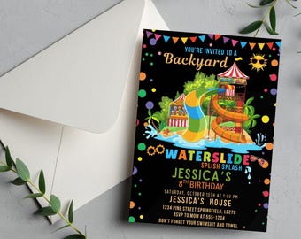 Editable Waterslide Birthday Invitation, Water Slide Invitation, Summer Pool Party, Water Slide Bash, Boy Girl Splash Party Invite,Template