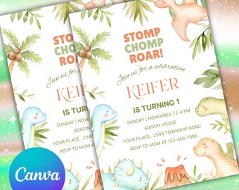 May include: Two dinosaur-themed birthday party invitations. The invitations feature watercolor illustrations of dinosaurs, palm trees, and a volcano. Text includes "Stomp Chomp Roar!" and party details for Keifer's first birthday.