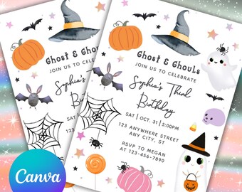 May include: Two Halloween-themed invitations with illustrations of pumpkins, bats, spiders, and ghosts. The text reads "Ghost & Ghouls, Join Us To Celebrate Sophia's Third Birthday" with event details. The Canva logo is visible.