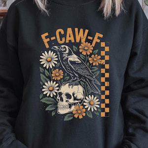 F-CAW-F Retro Halloween png,Retro Crow PNG, Gothic Floral Checkered PNG, Gothic Raven,Dark Bird Sublimation Design, Crow Bird Humor Design