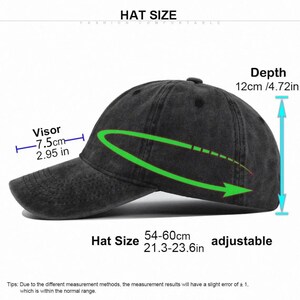 May include: A black adjustable baseball cap with a visor measuring 2.95 inches. The hat size is 21.3-23.6 inches, and the depth is 4.72 inches. The text "HAT SIZE" is at the top.
