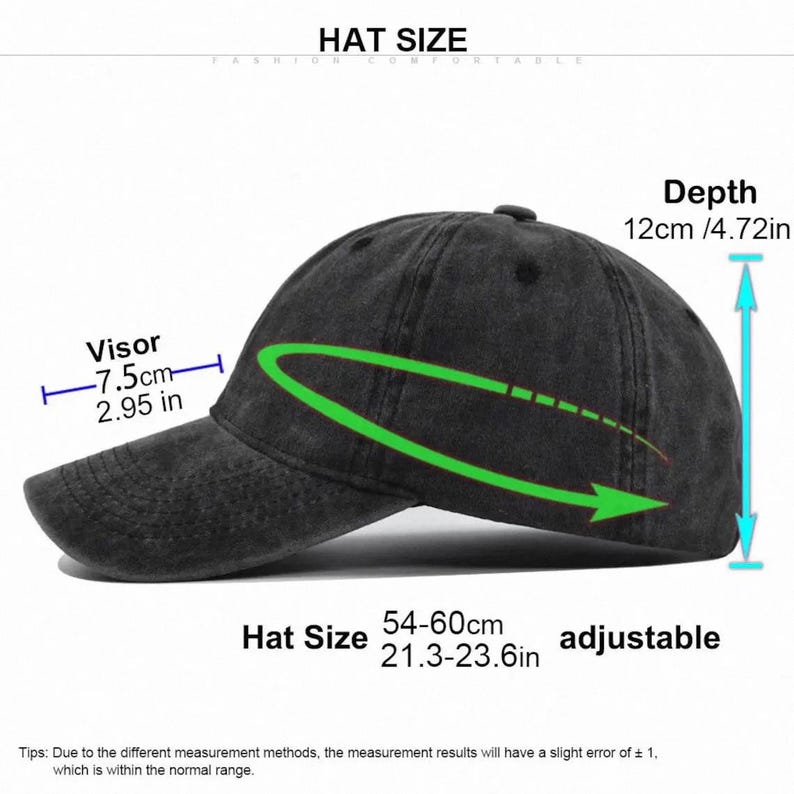 May include: A black adjustable baseball cap with a visor measuring 2.95 inches. The hat size is 21.3-23.6 inches, and the depth is 4.72 inches. The text "HAT SIZE" is at the top.