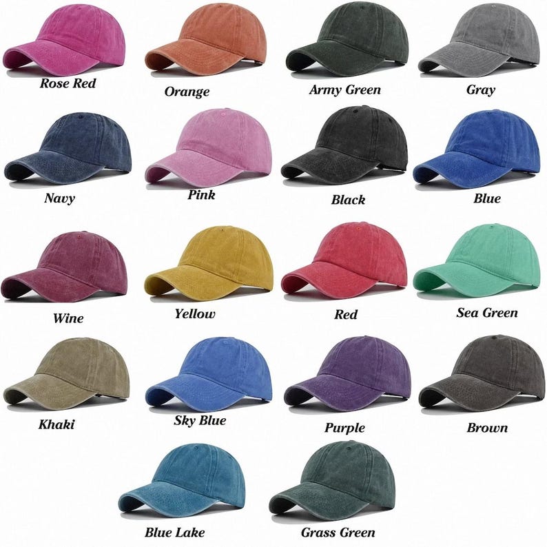 May include: A collection of baseball caps in various colors, including rose red, orange, army green, gray, navy, pink, black, blue, wine, yellow, red, sea green, khaki, sky blue, purple, brown, blue lake, and grass green. Each cap has a curved brim.