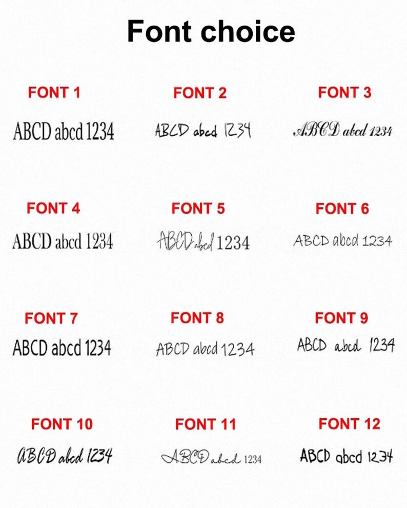May include: Image showcasing 12 different font styles, each labeled with a number and displaying the text "ABCD abcd 1234." The fonts vary in style, from simple sans-serif to more elaborate, handwritten designs. The title "Font choice" is at the top.