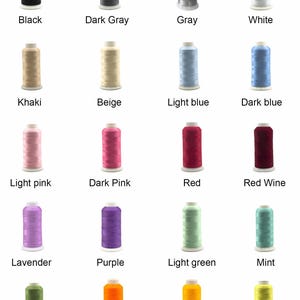 May include: A collection of spools of embroidery thread in various colors, including black, gray, white, pink, red, purple, green, orange, and yellow. Each spool is labeled with its color name. Ideal for sewing and crafting projects.