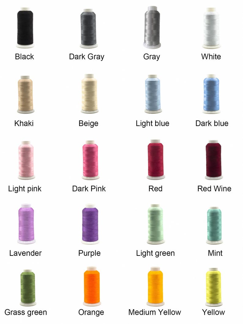 May include: A collection of spools of embroidery thread in various colors, including black, gray, white, pink, red, purple, green, orange, and yellow. Each spool is labeled with its color name. Ideal for sewing and crafting projects.
