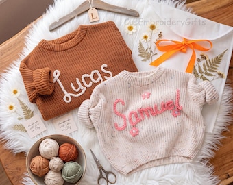 Personalized Baby Sweater with Name, Custom Knit Newborn Crewneck Sweater, Hand Embroidered Baby Name Sweater