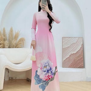 Pink Floral Traditional Ao Dai Set | Traditional Vietnamese Ao Dai | Women Vietnamese Ao Dai | Lunar New Year E30
